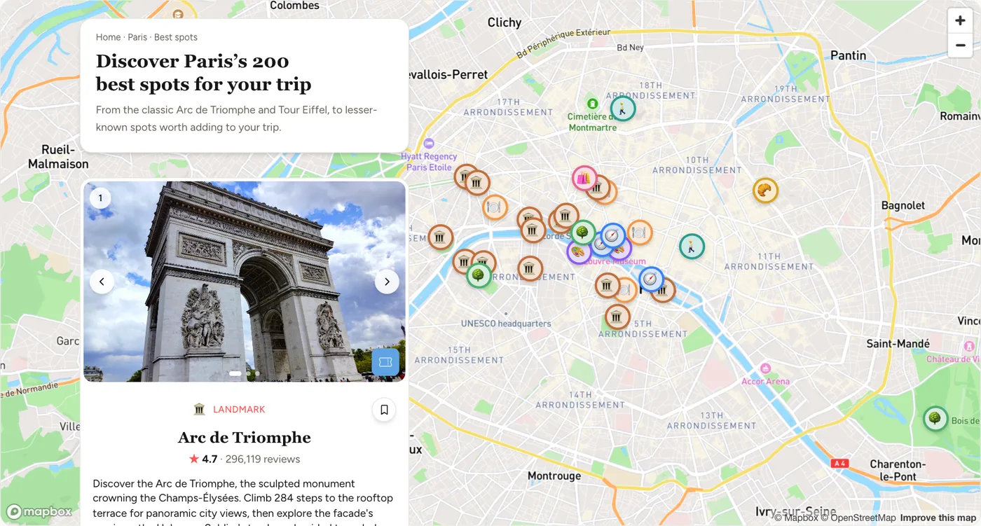 The best spots in Paris on a full-screen map, with a list of spot cards on the left